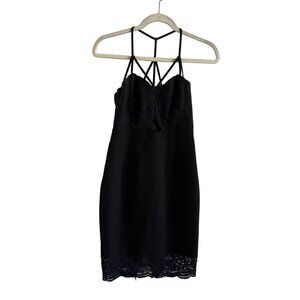 Express Women SZ 0 Black Lace Overlay Top Peek A Boo Front Strappy Bodycon Dress
